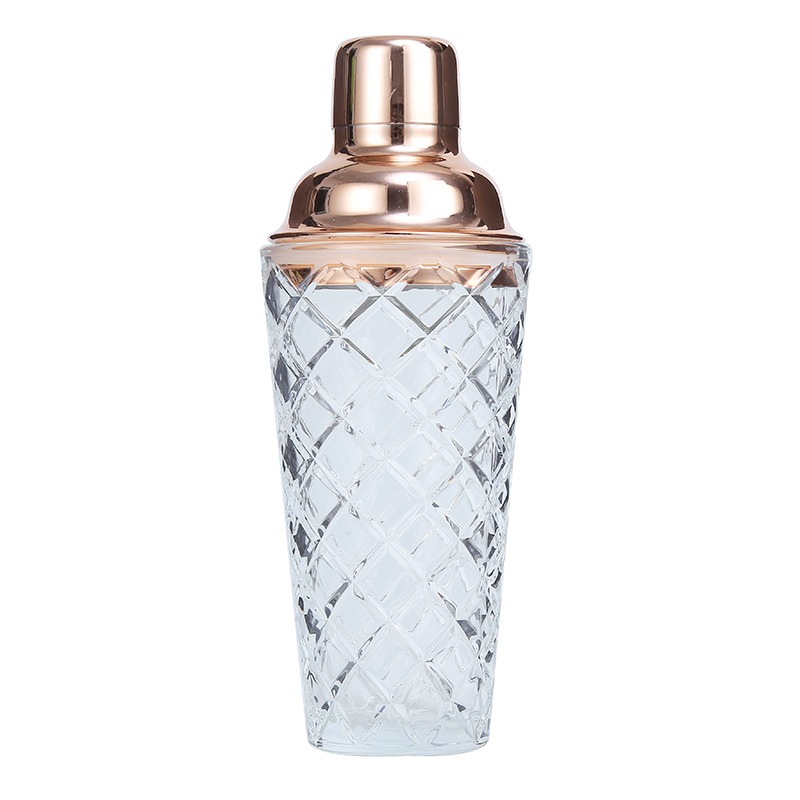 LARBO crystal cut diamond pattern glass cocktail shaker with rose gold stainless steel lid for bartending