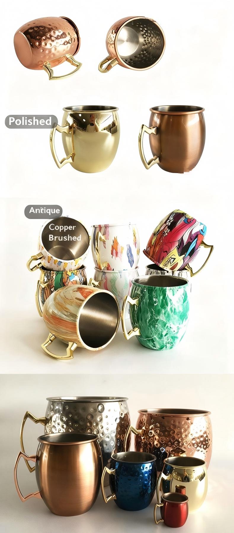 Copper Moscow mule mug finish comparison: polished gold and copper, antique brushed patterns, full capacity range from 60ml mini to 5000ml party