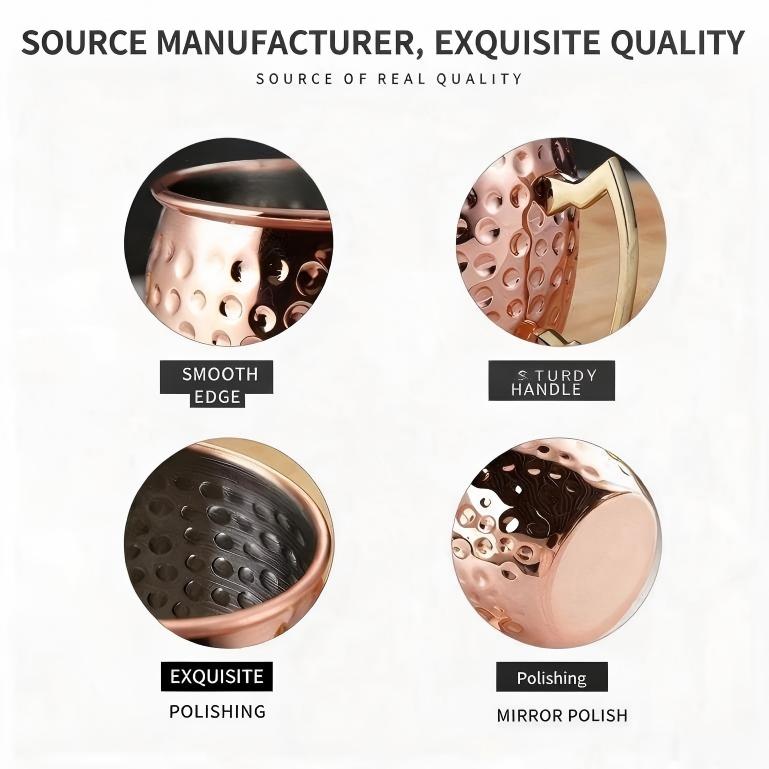 Copper-plated mini Moscow mule mug craftsmanship detail: smooth rim, sturdy gold handle, mirror polish interior, food-safe 304 stainless construction